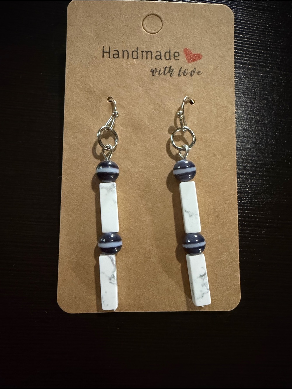 Handmade Howlite & Navy Stripe Bead Drop Earrings
